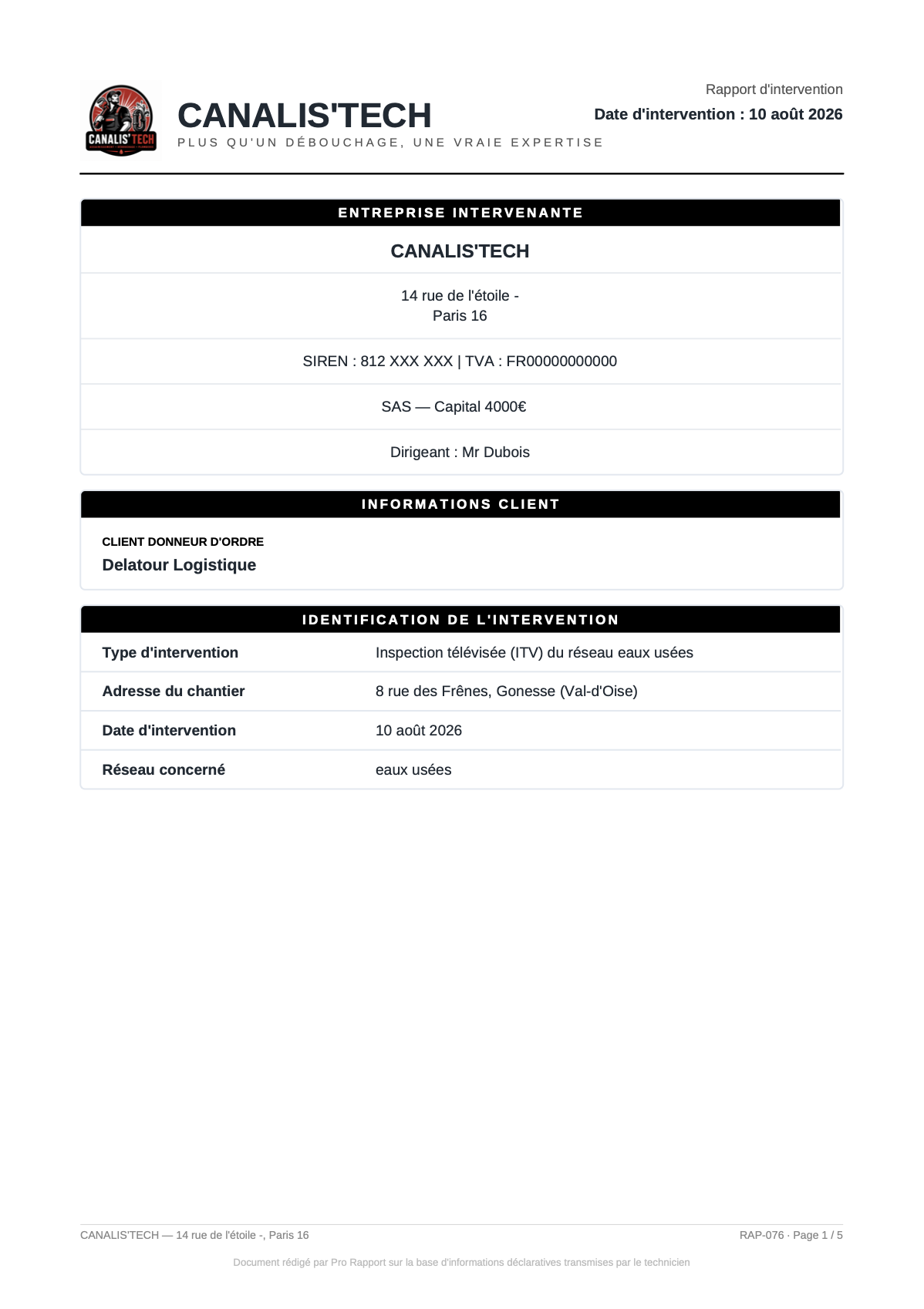Exemple de rapport d'intervention Pro Rapport, page 1 : identification de l'entreprise intervenante, du client et de l'intervention