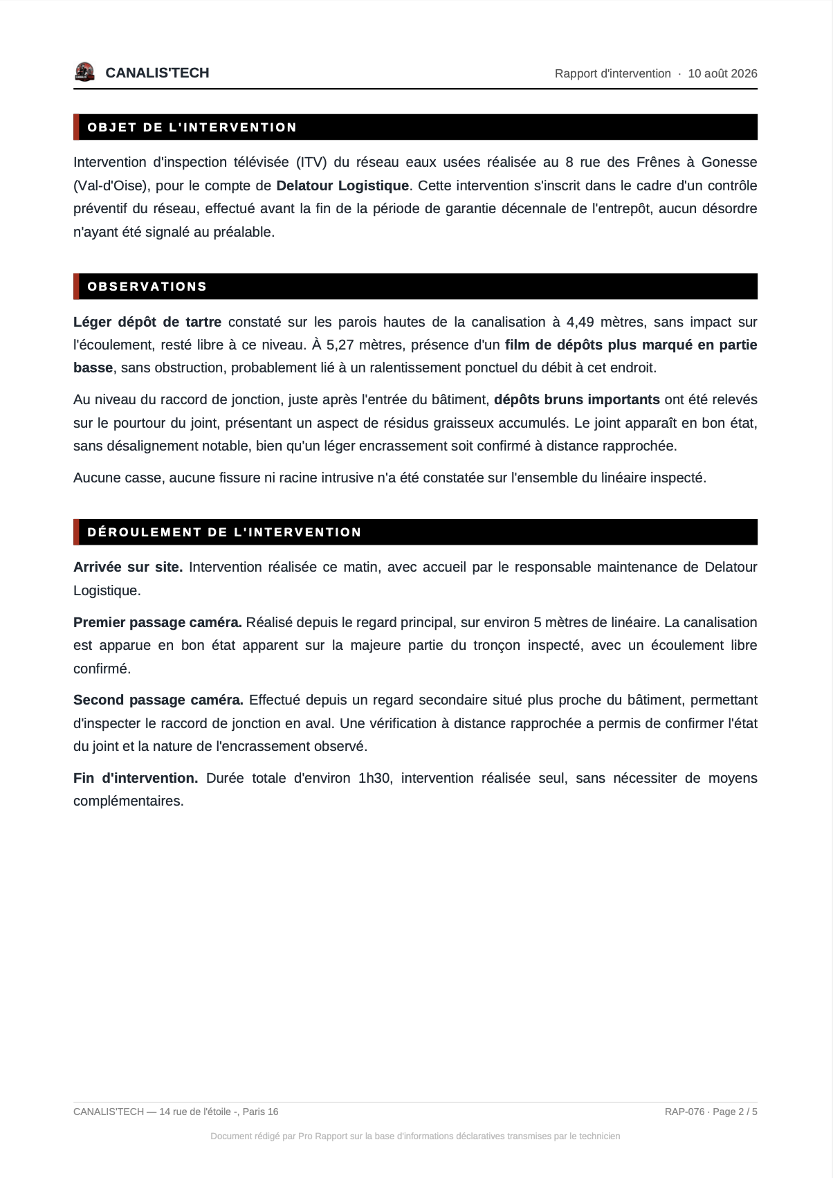 Exemple de rapport d'intervention Pro Rapport, page 2 : objet de l'intervention, observations et déroulement détaillé de l'intervention