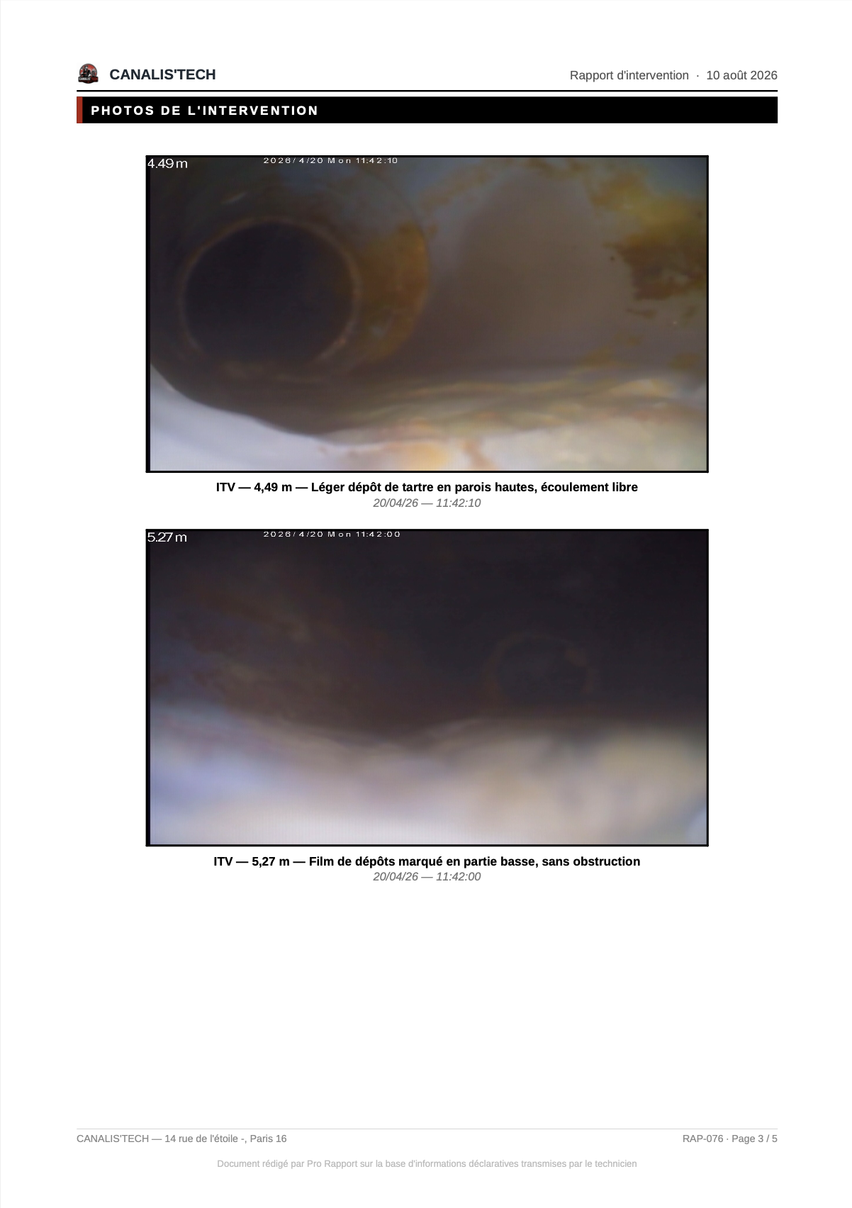 Exemple de rapport d'intervention Pro Rapport, page 3 : premières photos d'inspection intégrées avec légendes et horodatage