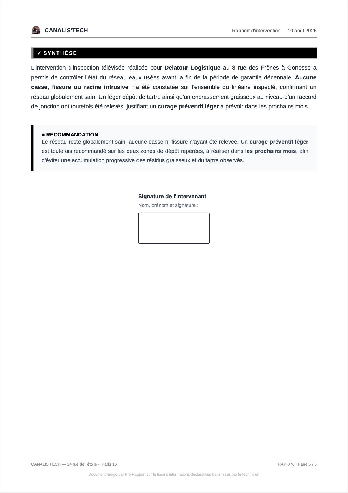 Exemple de rapport d'intervention Pro Rapport, dernière page : synthèse, recommandation et emplacement de signature